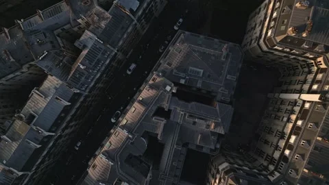 Drone flying over roofs of Paris city, France. Aerial top-down sideways Stock Footage 269779883