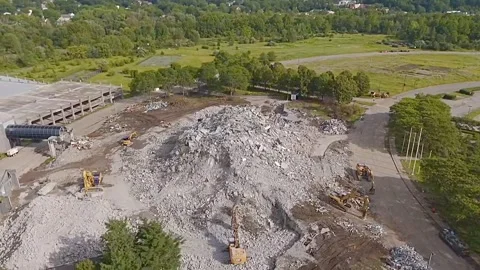 Drone Flying Over Rubble from Building Demolition Stock Footage 311551483