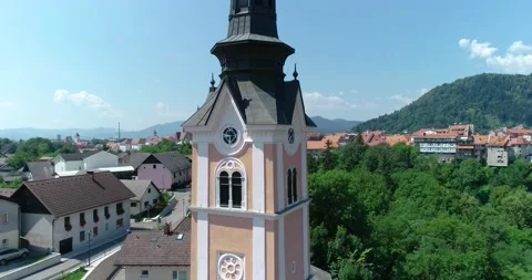 Drone flying over Saint Joseph church in small town Kranj, Slovenia Stock Footage 147456935