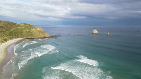 Drone flying over Sandfly Bay beach and island  in New Zealand Stock Footage 325858855