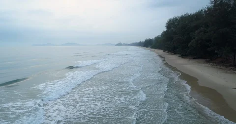 Drone flying over the sea during the morning mist at Mae Pim beach Rayong Stock Footage 108414731