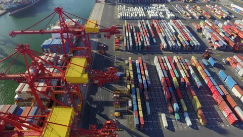 Drone flying over shipping docks outside of Melbourne Stock Footage 137521657