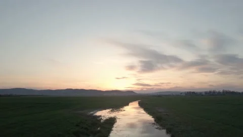 Drone flying over the small canal in the wheat field Stock Footage 151519700