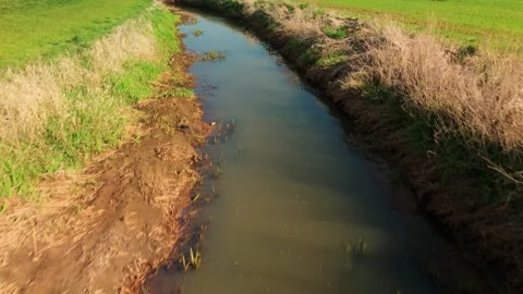 Drone Flying Over Small Creek with Farm in Background in Flanders, Belgium Stock Footage 306422402