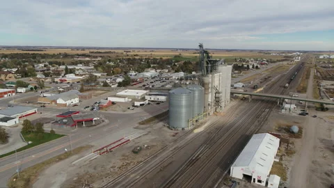 Drone Flying Over Small Rural Town Around Grain Silos Near Train Tracks Stock Footage 229184498