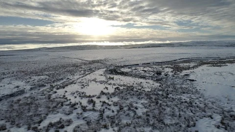 Drone Flying over Snow covered Fields, Yorkshire. near halifax, Ovenden Windfarm Video stock 93423950