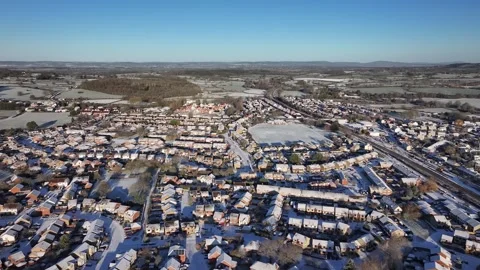 Drone flying over snow covered Charfield Village UK Countryside background in 4K Видео 329968229