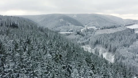 Drone flying over snowy forest with mountain landscape in background Stock-Footage 332010837