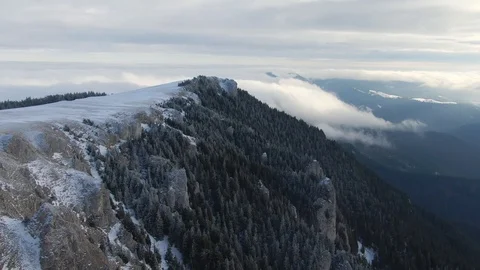 Drone flying over snowy pine forest reaching a nab, cliff Stock Footage 126903992