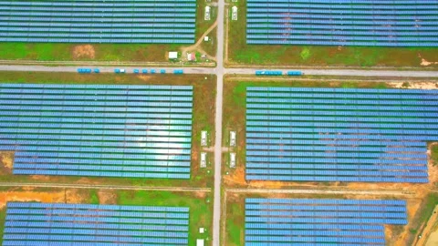 Drone flying over Solar panels, Clean energy Stock Footage 225385766