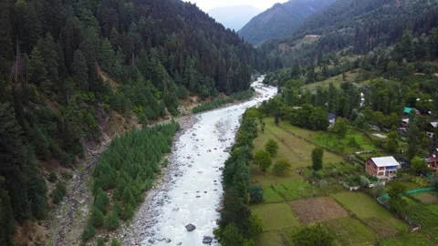 Drone flying over a sparkling mountain river near Pahalgam village Stock Footage 310656161