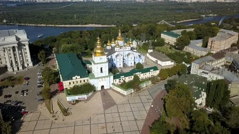 Drone flying over St. Michael's Golden-Domed Monastery in Kiev, Ukraine Stock Footage 114677114