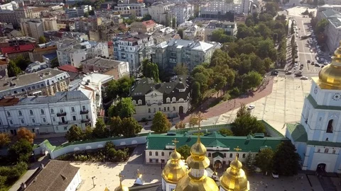 Drone flying over St. Michael's Golden-Domed Monastery in Kiev, Ukraine Stock Footage 114677339
