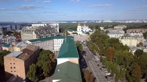 Drone flying over St. Michael's Golden-Domed Monastery in Kiev, Ukraine Stock Footage 114677370