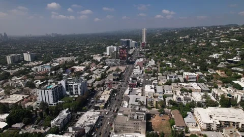 Drone Flying Over Sunset Strip | West Hollywood | Los Angeles | Hollywood Hills Stock Footage 252531391