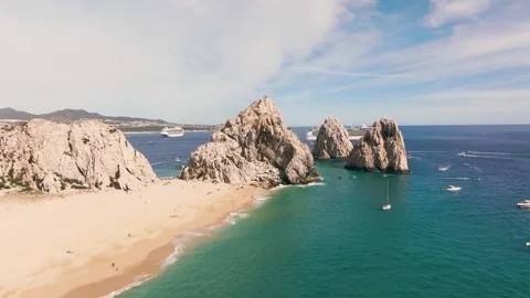 Drone Flying Over Top Of High-rise Rock In Los Cabos Baja California In Sunny Stock Footage 332389282