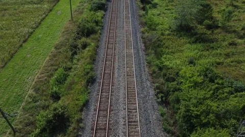 Drone flying over train tracks on summer day with trees, electric pole and grass Stock Footage 280009244