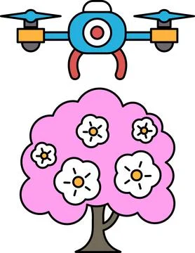 A drone is flying over a tree with flowers Ilustração Stock