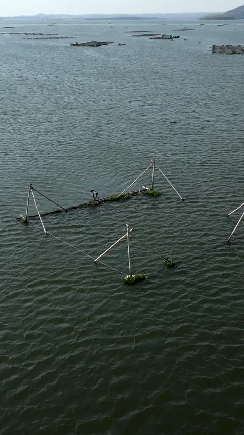 Drone flying over tri an lake vietnam where you can see the fish farms made by Video stock 279900346