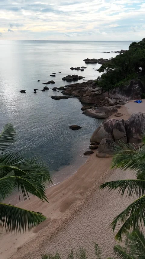 Drone Flying Over Tropical Beach Coastline in Koh Samui, Thailand Stock Footage 335831677
