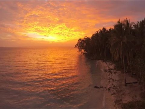 Drone flying over tropical ocean island on amazing red sunset. Solomon Islands 库存影片 83564100