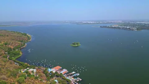 Drone Flying Over Upper Lake and Island in Bhopal Madhya Pradesh Stock Footage 336810182