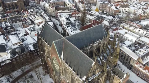 Drone Flying Over View Of Snow Covered Old European Church / Cathedral  In City Stock Footage