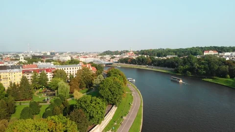 Drone Flying over Vistula River near Krakow Old Town, Poland. Stock Footage 99322941