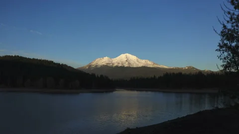 Drone flying over water looking over Mt. Shasta in the Oregon forest Stock Footage 145858977