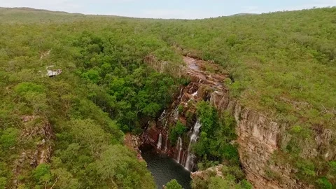 Drone flying over a waterfall in Chapada dos Veadeiros, Brazil Stock Footage 345685085