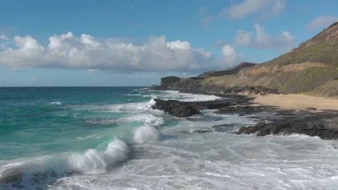 Drone Flying Over Waves At Sandy Beach Park In Honolulu, Hawaii Stock Footage 154171261