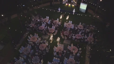 Drone flying over wedding dinner decoration, or marriage anniversary, in the 動画素材 112766790
