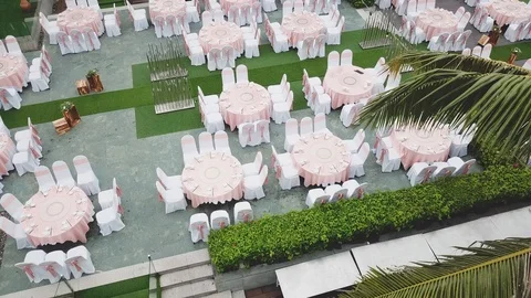 Drone flying over wedding dinner decoration, or marriage anniversary, in the 動画素材 112766807