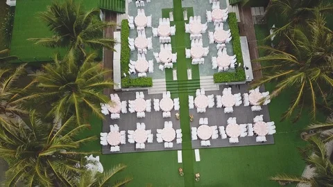 Drone flying over wedding dinner decoration, or marriage anniversary, in the 動画素材 112766827