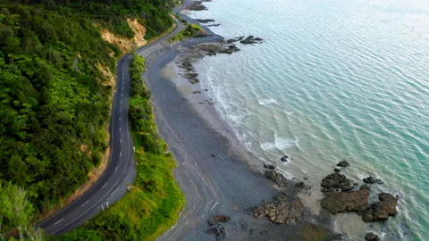 Drone Flying Over Windswept Waves Along New Zealand's Coromandel Bay 4K 30FP Stock Footage 234475324