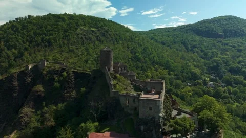 Drone Flying Parallel Along Hrad Střekov Castle from Right to Left Stock Footage 314613951