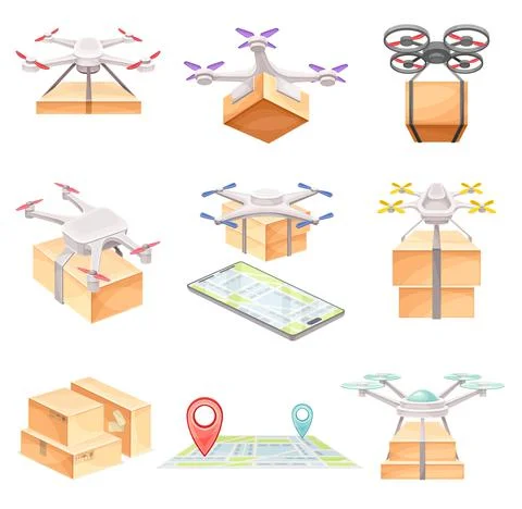 Drone flying with parcel boxes set. Modern delivery service technology vector Stockillustratie