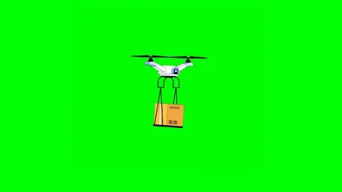 Drone Flying with Parcel Delivering Package on Green Background Vídeo Stock 332149122