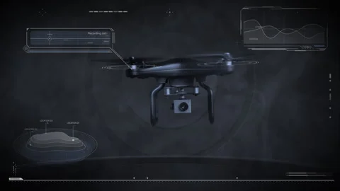 Drone flying performing digital analysis data with HUD Video stock 335945864