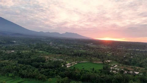 Drone flying sideways over asian landscape with ricefields and a large vulcano Stock Footage 328683237