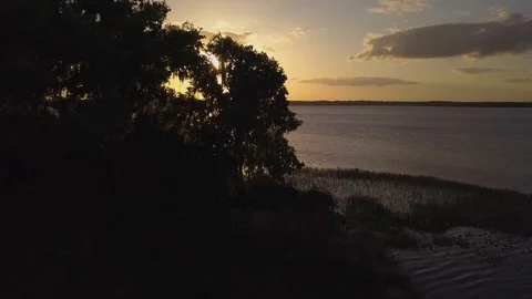 Drone Flying Sideways Over a Lake at Sunset in Ocala Forest in 4K Stock Footage 93853200