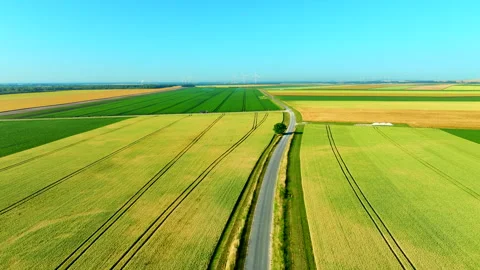Drone flying straight over a path surrounded by green fields 動画素材 315504933