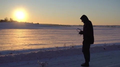 Drone flying in the sunset, winter scene Stock Footage 71962686