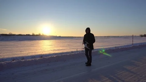 Drone flying in the sunset, winter scene Stock Footage 72000238