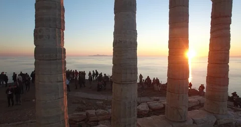 Drone flying from the temple of Poseidon outside a revealing it Stock Footage 85582121