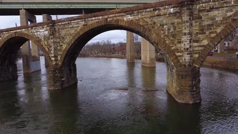 Drone Flying Through Arch Under Bridge Over River North Philadelphia Video stock 146707438