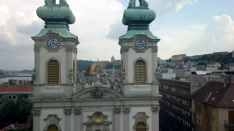 Drone flying through Budapest Catholic Church steeples Stock Footage 114667797