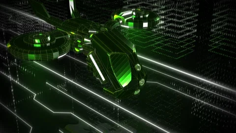 A drone is Flying Through the Space filled with digital string in Computer World Stock Footage 155700525