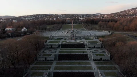 Drone flying through Statue Park in Oslo, Norway Stock Footage 124030442