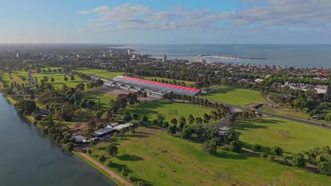 Drone Flying Toward Albert Park Formula 1 Race Track Grandstand Vídeo Stock 325683199